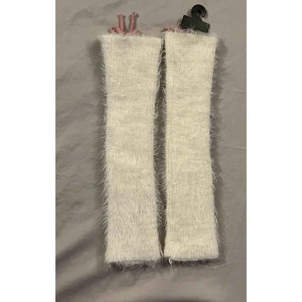 Hot Topic White Ivory Fuzzy Arm Warmers Faux Pearl Pink Ribbon Bow Coquette Ball